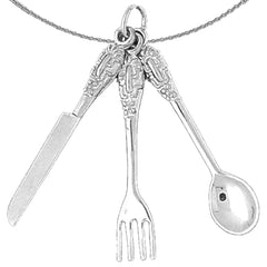 Sterling Silver Utensil Set, Knife, Fork, And Spoon Pendant (Rhodium or Yellow Gold-plated)