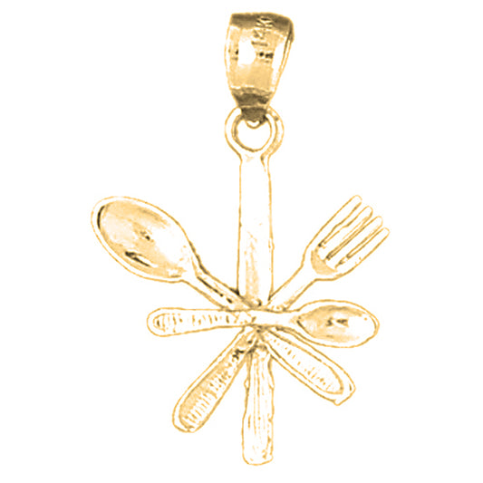 Yellow Gold-plated Silver 3D Utensil Set, Fork, Knife, And Spoon Pendant