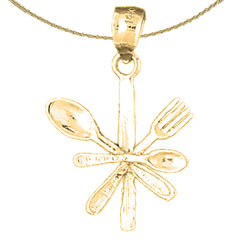 Sterling Silver 3D Utensil Set, Fork, Knife, And Spoon Pendant (Rhodium or Yellow Gold-plated)
