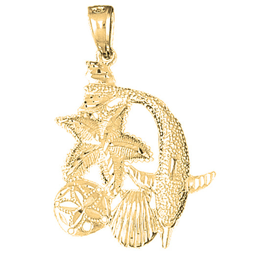 Yellow Gold-plated Silver Dolphin, Starfish, And Shell Pendant