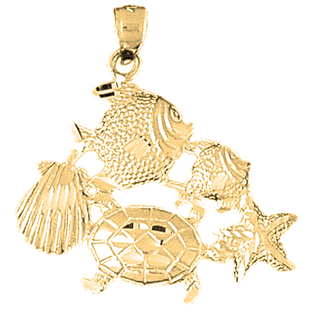 Yellow Gold-plated Silver Turtle, Starfish, Tropical Fish, And Shell Pendant
