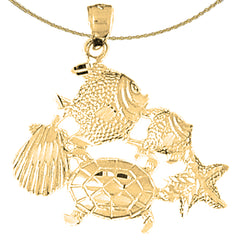 Sterling Silver Turtle, Starfish, Tropical Fish, And Shell Pendant (Rhodium or Yellow Gold-plated)