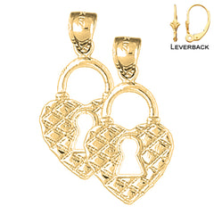 14K or 18K Gold 29mm Heart Padlock, Lock Earrings