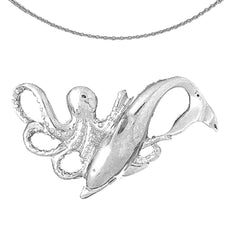 Sterling Silver Octopus And Dolphin Pendant (Rhodium or Yellow Gold-plated)