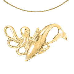 Sterling Silver Octopus And Dolphin Pendant (Rhodium or Yellow Gold-plated)