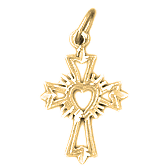 14K or 18K Gold Budded Heart Glory Cross Pendant