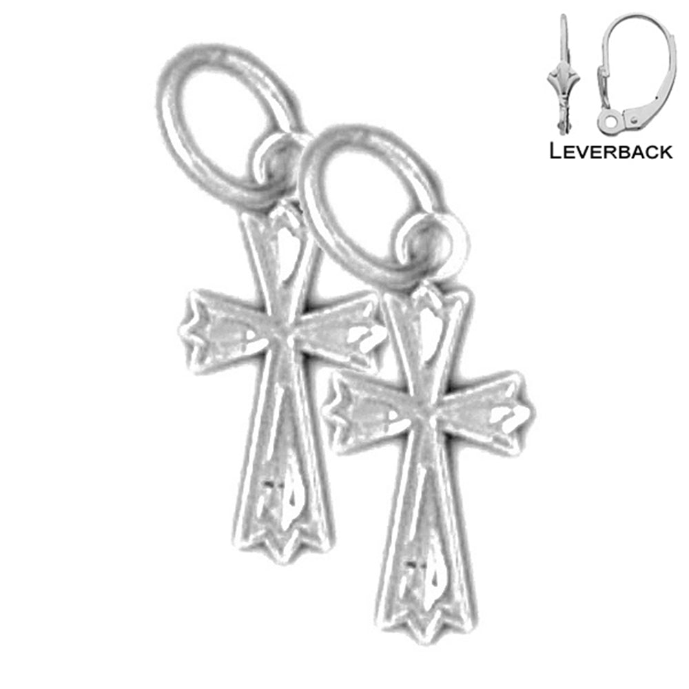 Sterling Silver 11mm Budded Cross Earrings (White or Yellow Gold Plated)