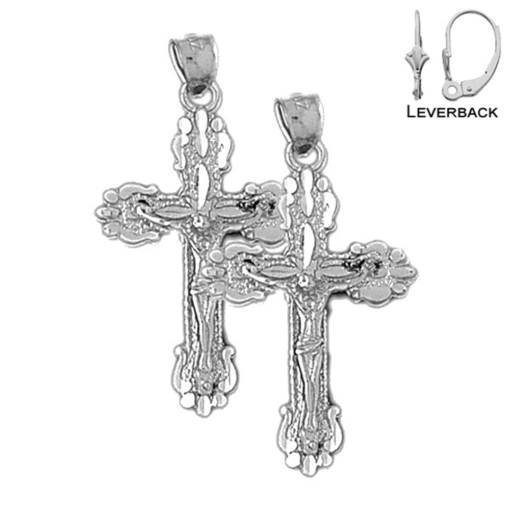 Sterling Silver 34mm Budded Crucifix Earrings (White or Yellow Gold Plated)