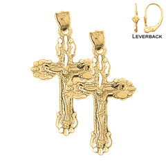 Sterling Silver 34mm Budded Crucifix Earrings (White or Yellow Gold Plated)