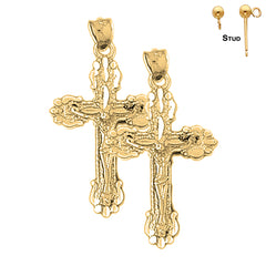 Sterling Silver 34mm Budded Crucifix Earrings (White or Yellow Gold Plated)