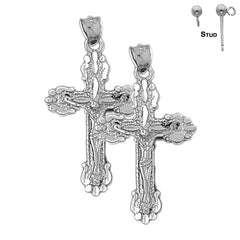 Sterling Silver 34mm Budded Crucifix Earrings (White or Yellow Gold Plated)