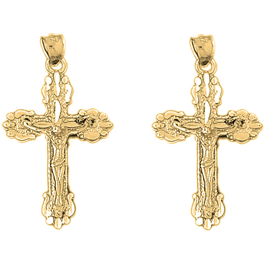 Yellow Gold-plated Silver 34mm Budded Crucifix Earrings