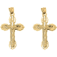 Yellow Gold-plated Silver 34mm Budded Crucifix Earrings