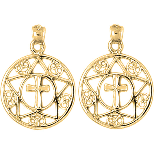 14K or 18K Gold 28mm Cross In Star and Circle Earrings