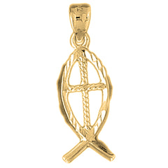 Yellow Gold-plated Silver Christian Fish With Cross Pendant