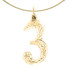Sterling Silver Number Three, #3 Pendant (Rhodium or Yellow Gold-plated)