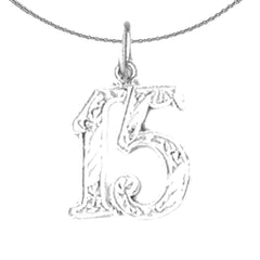 Sterling Silver Number Fifteen, #15 Pendant (Rhodium or Yellow Gold-plated)
