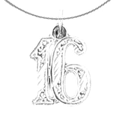 Sterling Silver Number Sixteen, #16 Pendant (Rhodium or Yellow Gold-plated)
