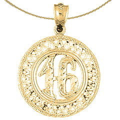 Sterling Silver Bezled #16, Sixteen Pendant (Rhodium or Yellow Gold-plated)