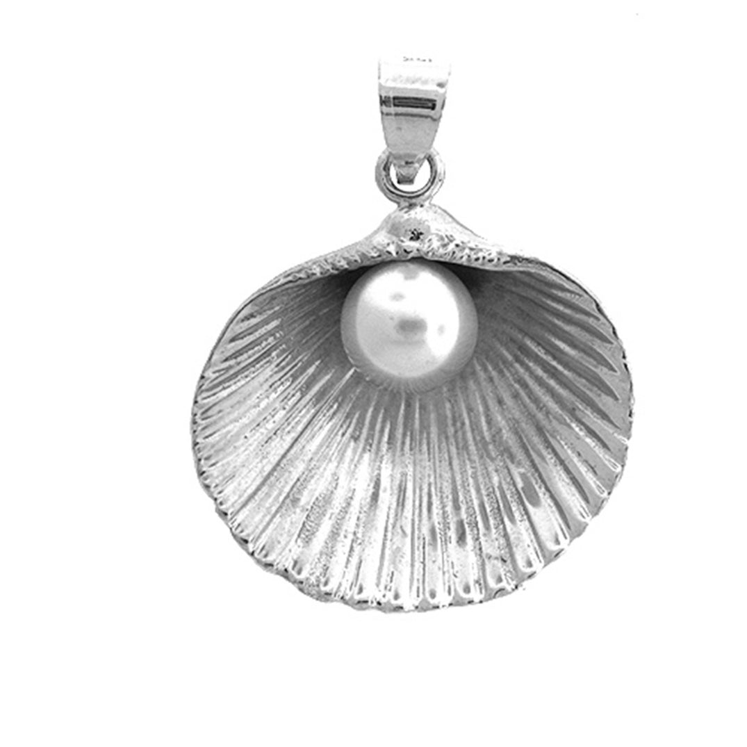 Sterling Silver White Gold Shell With Pearl Pendant