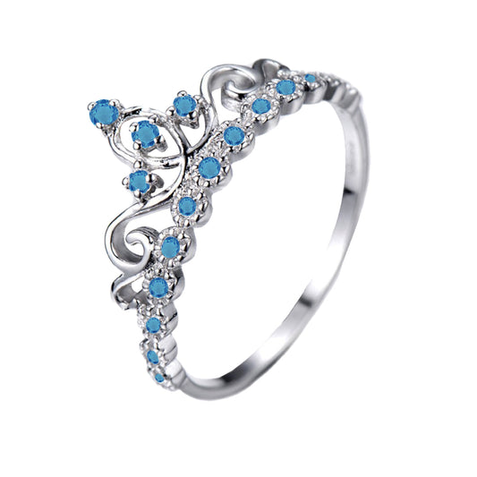 925 Sterling Silver Princess Blue Topaz Gemstone Crown Ring