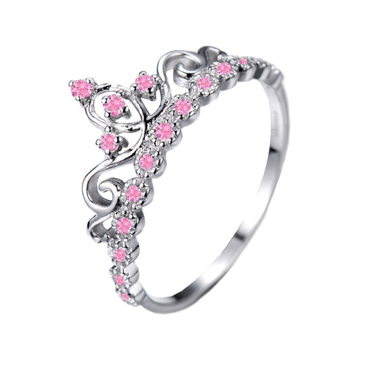 925 Sterling Silver Princess Pink Tourmaline Gemstone Crown Ring