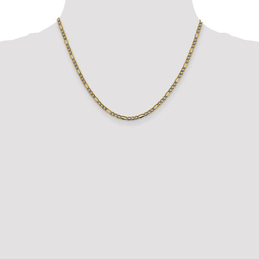 14K Yellow Gold 3.2mm Semi-solid with Rhodium Pave Figaro Chain