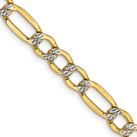 14K Yellow Gold 5.25mm Semi-solid with Rhodium Pave Figaro Chain