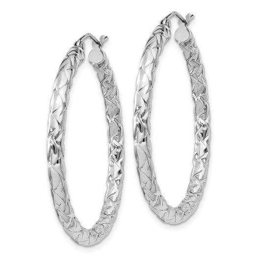 Rhodium-plated Sterling Silver Textured 3x35mm Hoop Earrings