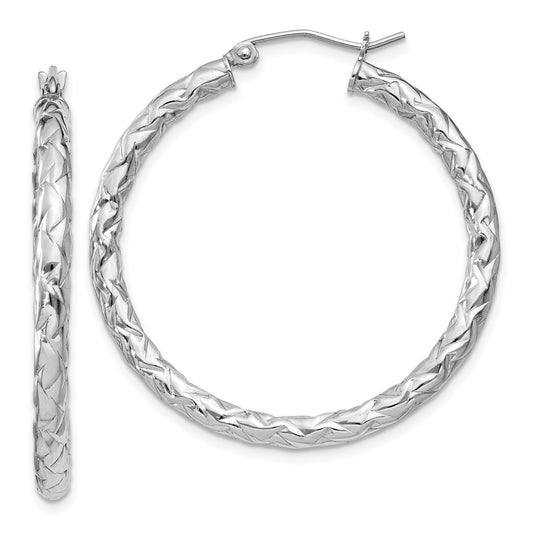 Rhodium-plated Sterling Silver Textured 3x35mm Hoop Earrings