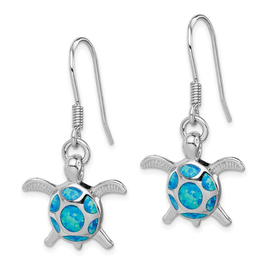 Rhodium-plated Sterling Silver Created Blue Opal Turtle Shepherd Hook Earrings