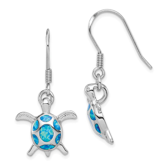 Rhodium-plated Sterling Silver Created Blue Opal Turtle Shepherd Hook Earrings