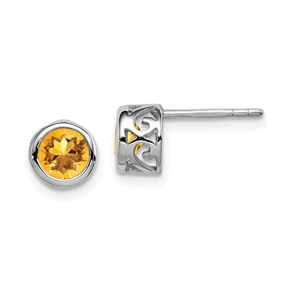 Rhodium-plated Sterling Silver Polished Citrine Round Post Earrings
