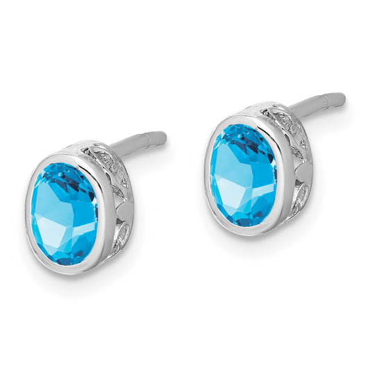 Rhodium-plated Sterling Silver Polished Blue Topaz Oval Post Earrings