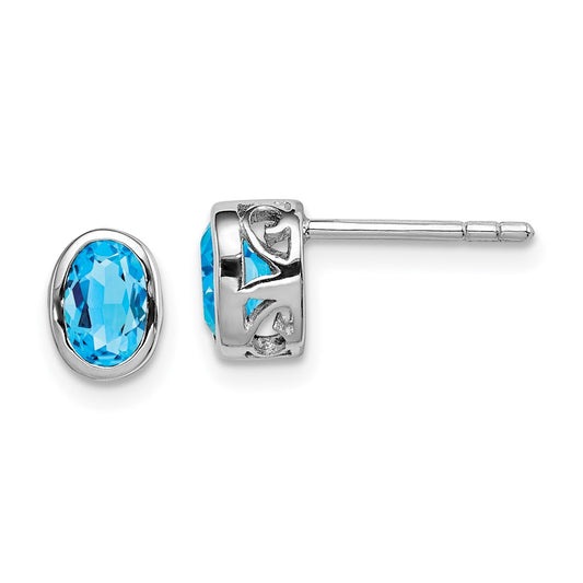 Rhodium-plated Sterling Silver Polished Blue Topaz Oval Post Earrings