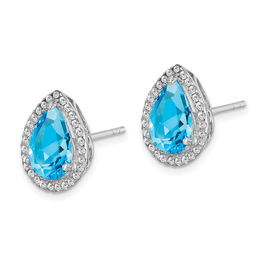 Rhodium-plated Sterling Silver Blue Topaz & CZ Post Earrings