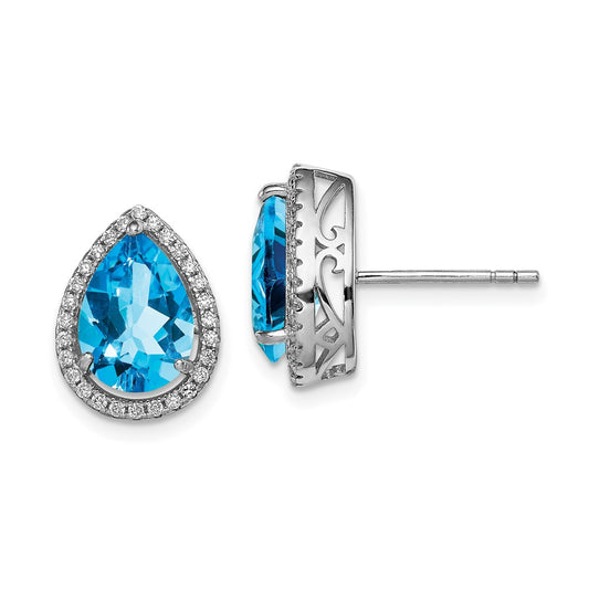 Rhodium-plated Sterling Silver Blue Topaz & CZ Post Earrings