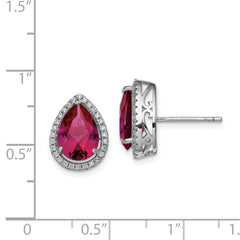 Rhodium-plated Sterling Silver CZ and Lab Created Ruby Pear Post Earrings