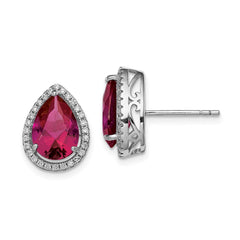 Rhodium-plated Sterling Silver CZ and Lab Created Ruby Pear Post Earrings