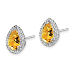 Rhodium-plated Sterling Silver Citrine & CZ Post Earrings