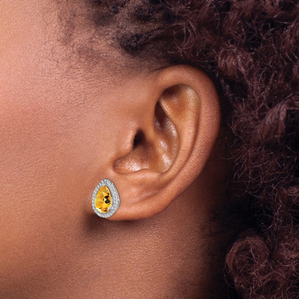 Rhodium-plated Sterling Silver Citrine & CZ Post Earrings