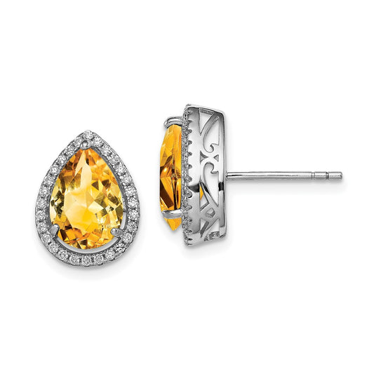 Rhodium-plated Sterling Silver Citrine & CZ Post Earrings