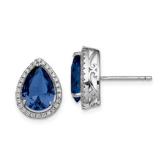 Rhodium-plated Sterling Silver Created Sapphire & CZ Post Earrings