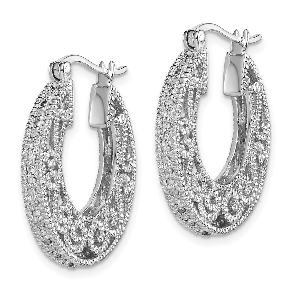 Rhodium-plated Sterling Silver Diamond Hinged Hoop Earrings