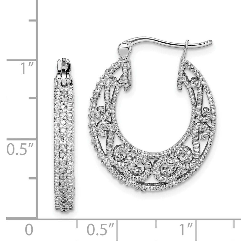 Rhodium-plated Sterling Silver Diamond Hinged Hoop Earrings