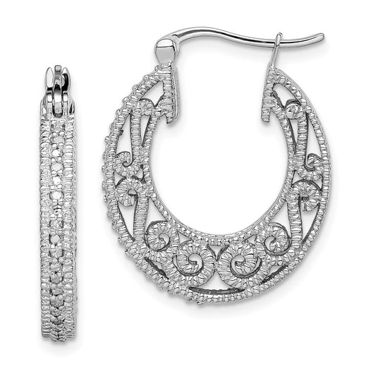 Rhodium-plated Sterling Silver Diamond Hinged Hoop Earrings