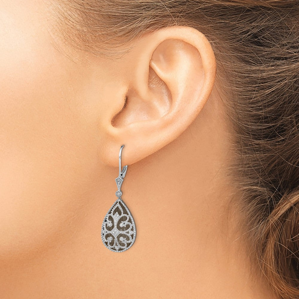 Rhodium-plated Sterling Silver Diamond Filigree Teardrop Leverback Earrings