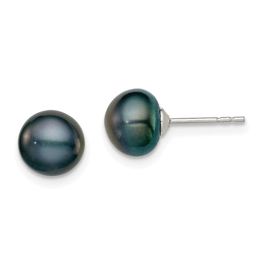 Rhodium-plated Silver 7-8mm Black FWC Button Pearl Stud Earrings
