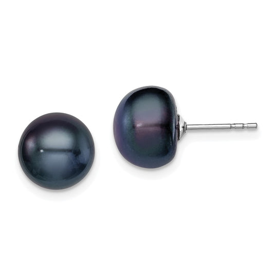 Rhodium-plated Silver 9-10mm Black FWC Button Pearl Earrings