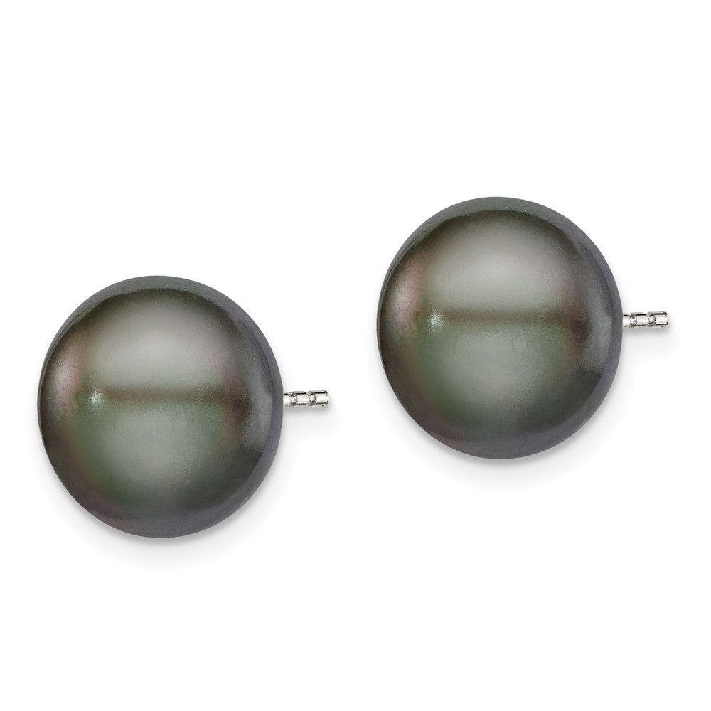 Rhodium-plated Silver 11-12mm Black FWC Button Pearl Earrings